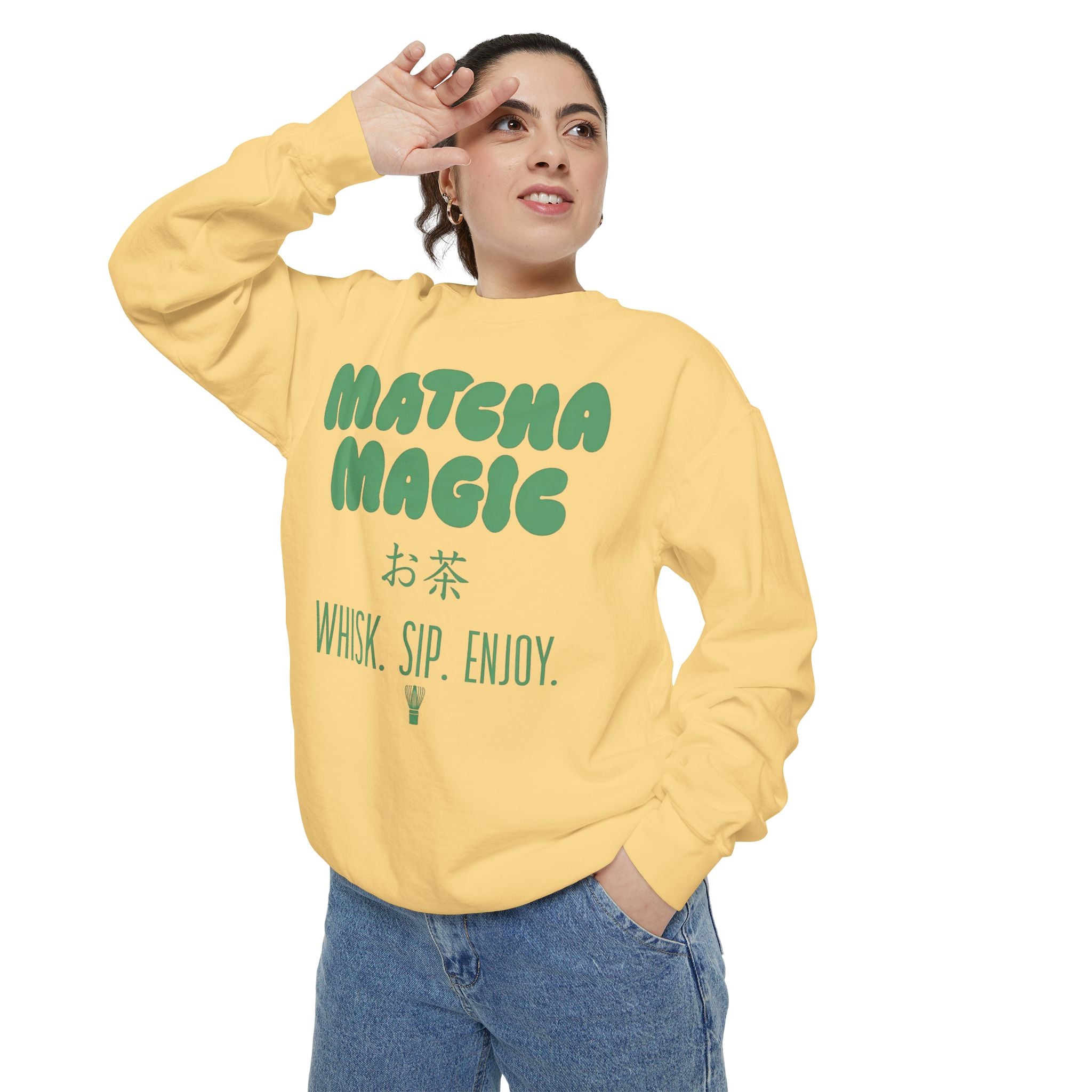 Matcha Magic — Whisk Sip Enjoy Graphic Crewneck Sweatshirt