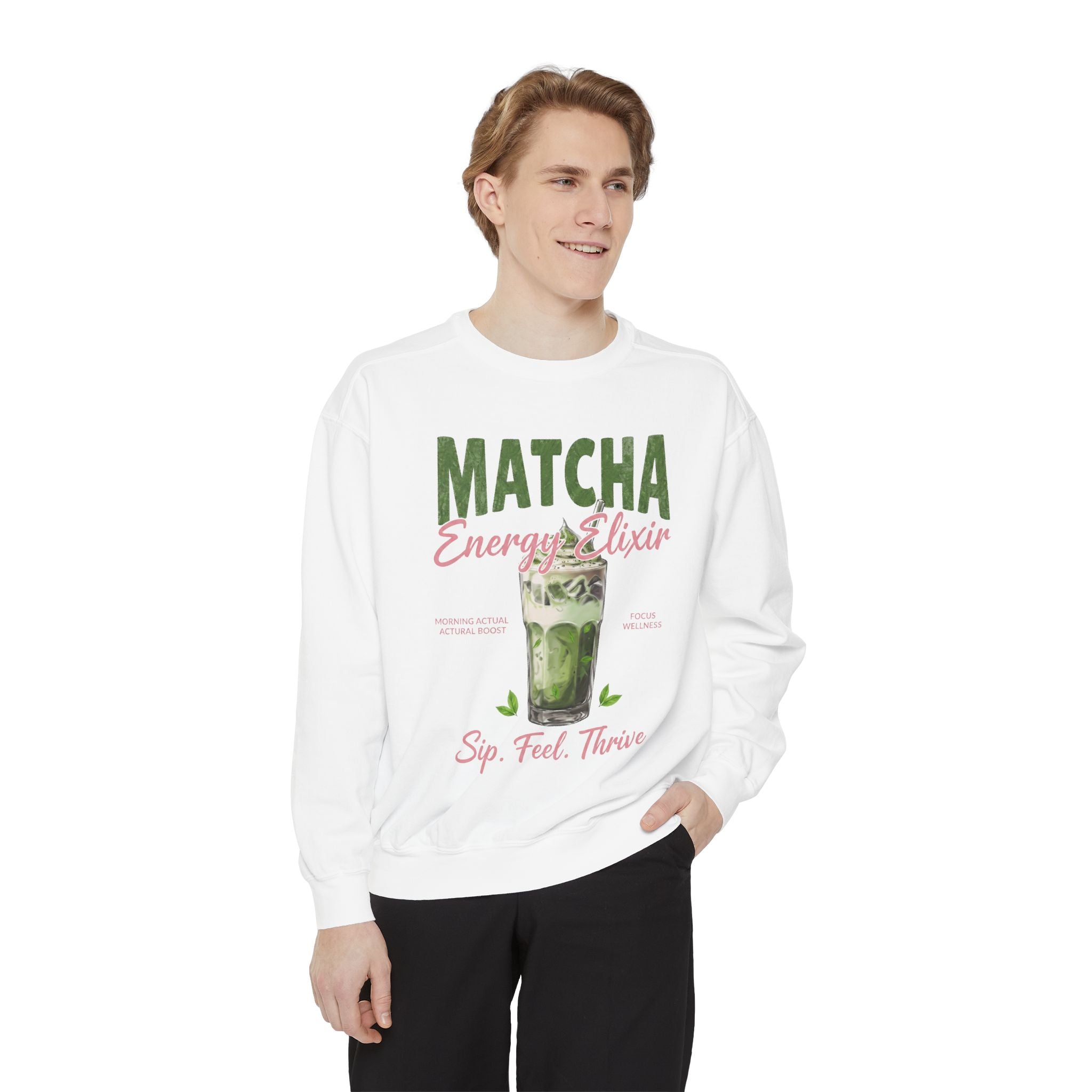 Matcha Energy Elixir — Sip, Feel, Thrive Cozy Crewneck Sweatshirt