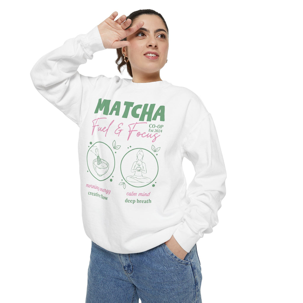 Matcha Feed & Focus — Cozy Tea Lover Graphic Sweatshirt