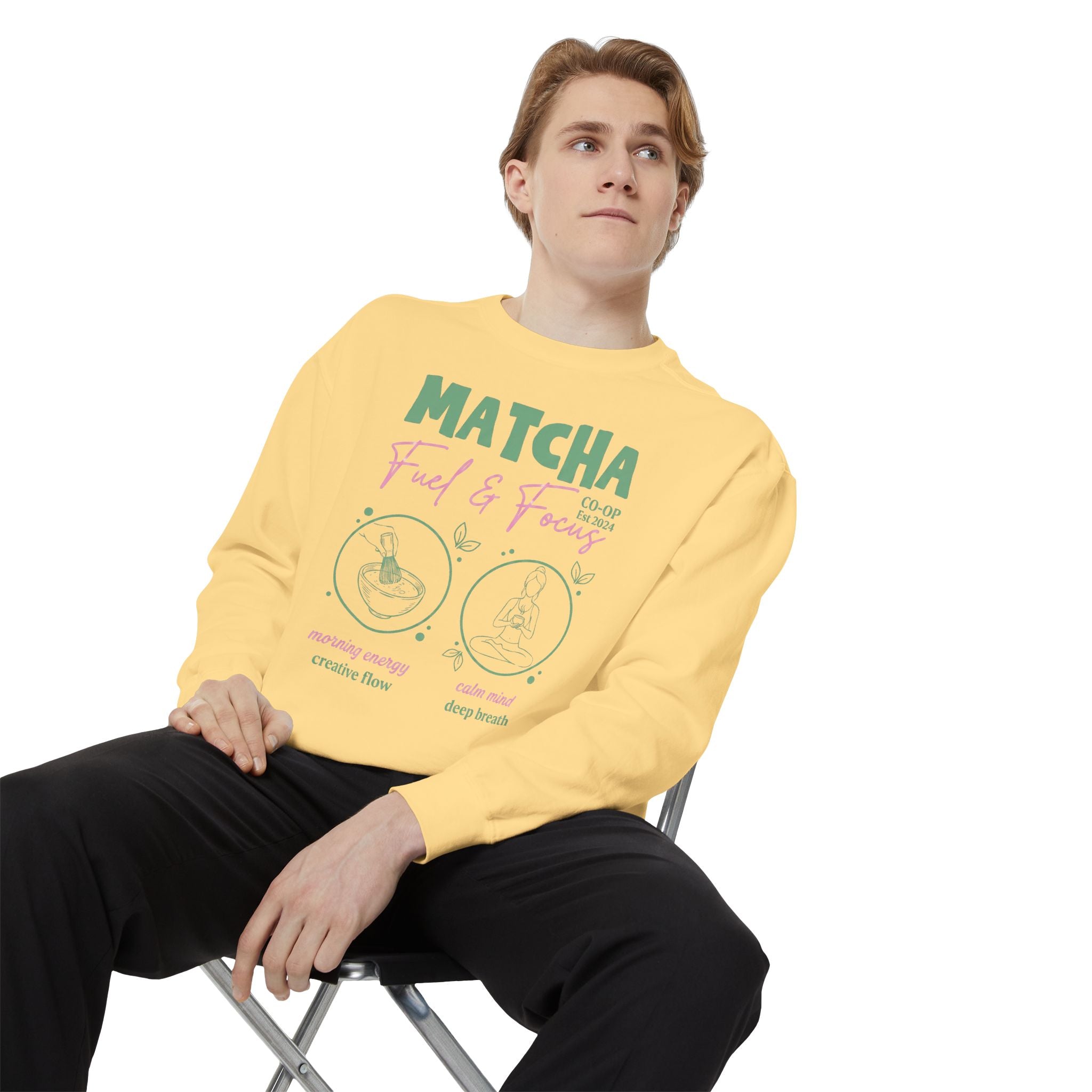 Matcha Feed & Focus — Cozy Tea Lover Graphic Sweatshirt