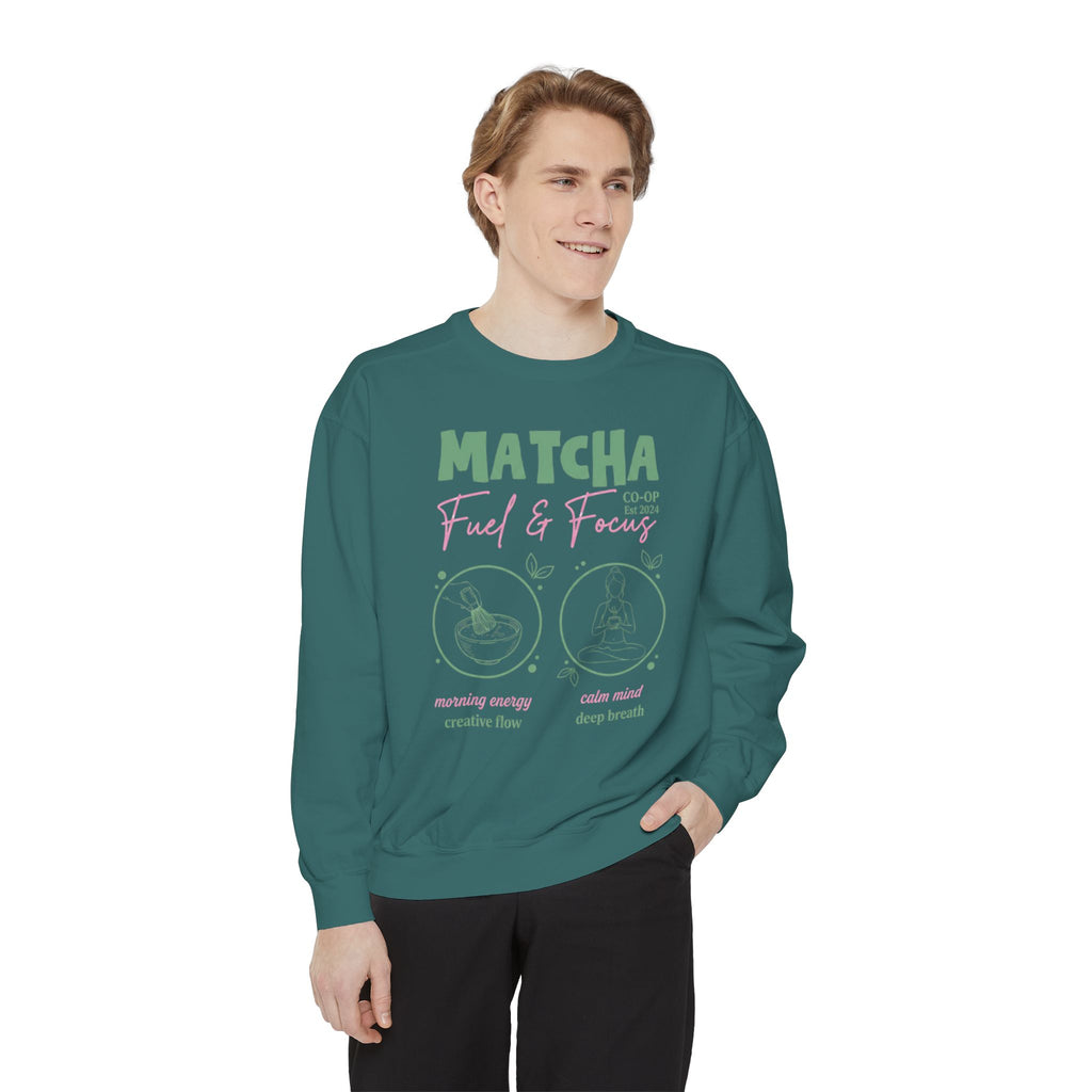 Matcha Feed & Focus — Cozy Tea Lover Graphic Sweatshirt