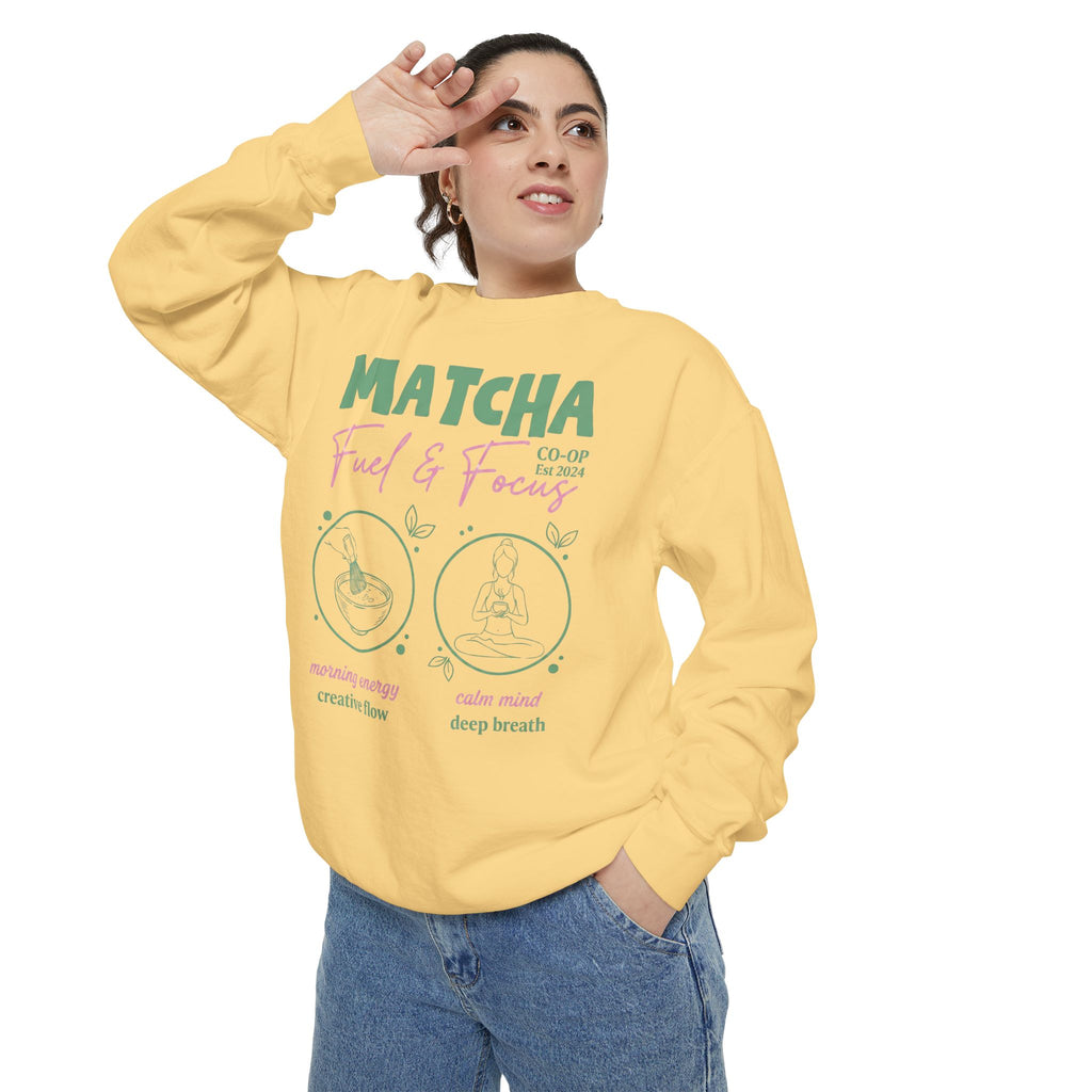 Matcha Feed & Focus — Cozy Tea Lover Graphic Sweatshirt